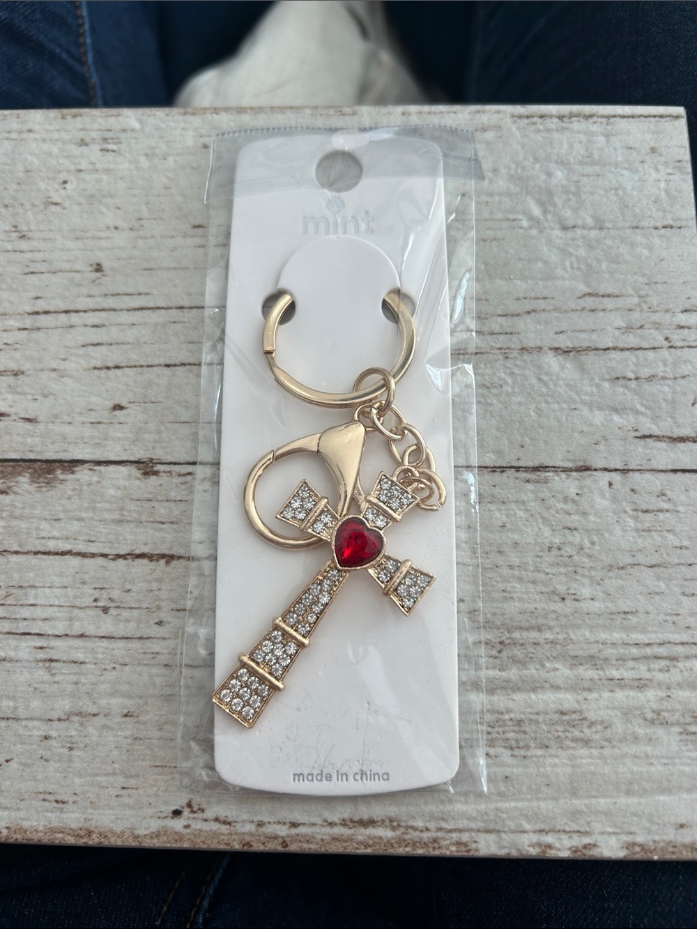 🔥$2 Gold Cross Keychain with Red Heart Gem